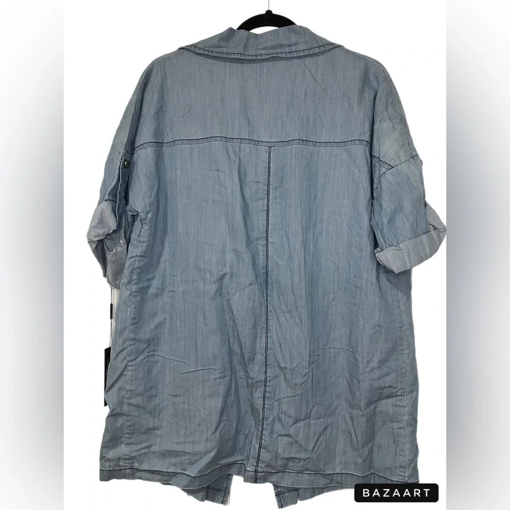 Runway NY 100% cotton chambray open mid trench jacket 4 buttons J box - Picture 2 of 4